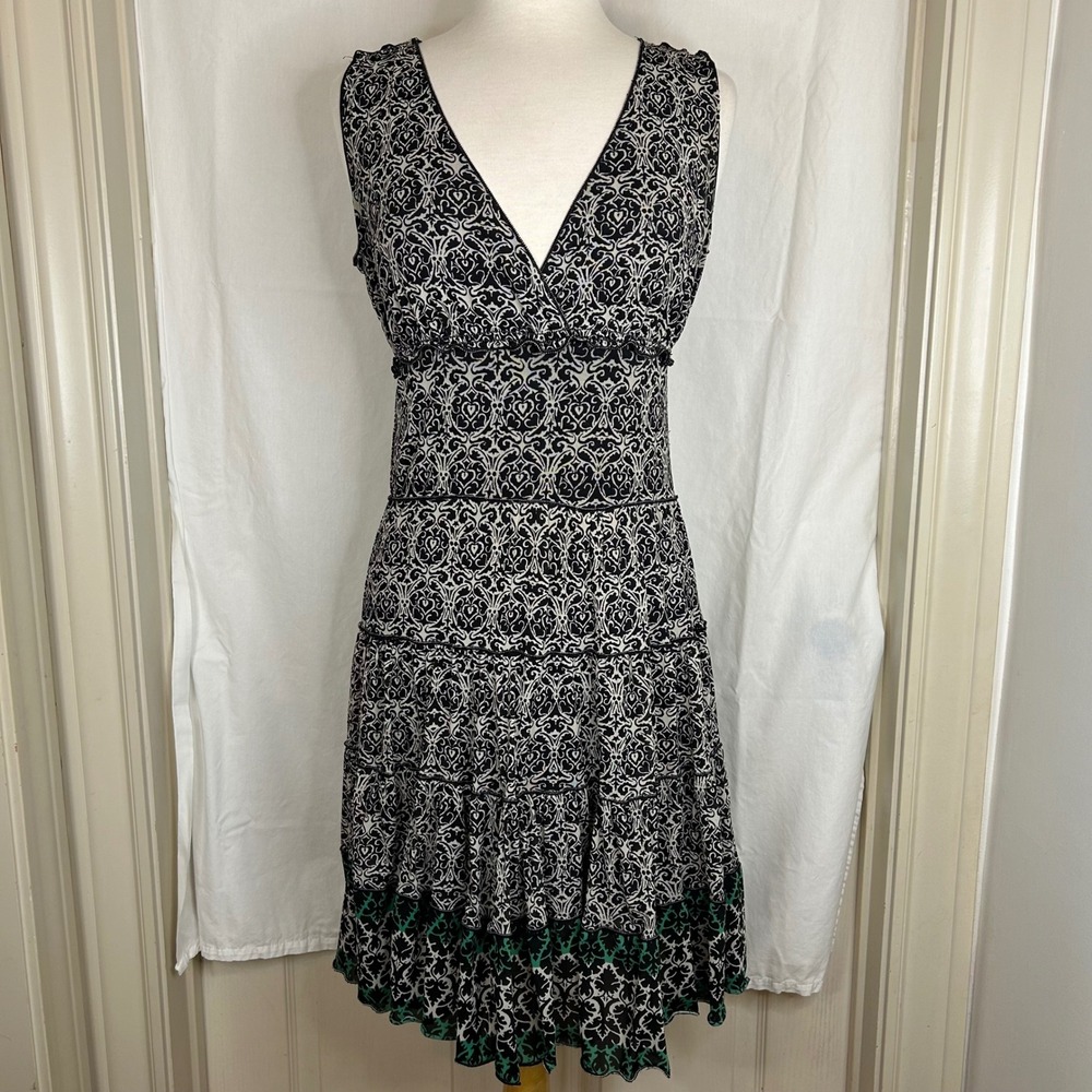 Max Studio Dress Black White Green Sleeveless V-Neck Tiered‎ Casual Summer S